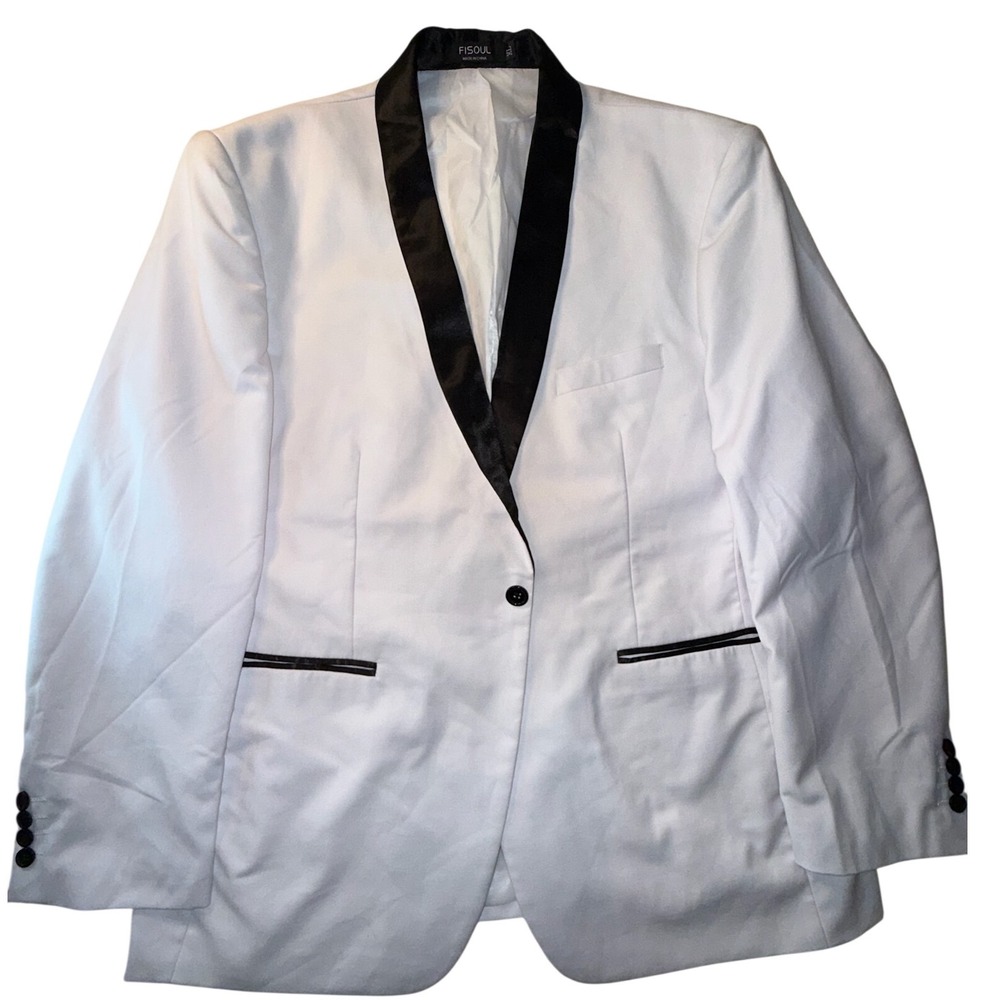 Fisoul Mens White Tuxedo Blazer Black Satin Shawl Lapel Formal Jacket Size XL